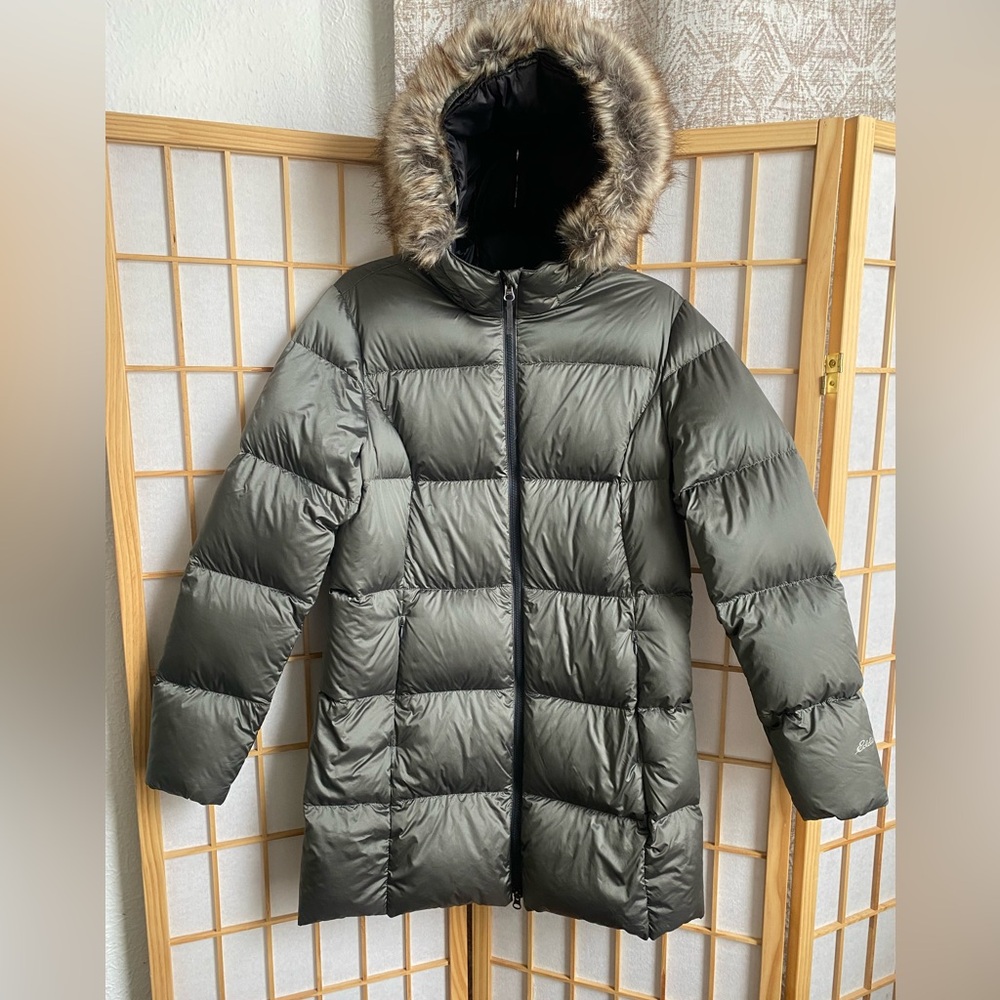 Women's Gunmetal Grey Down Puffer Parka with Faux Fur Trim